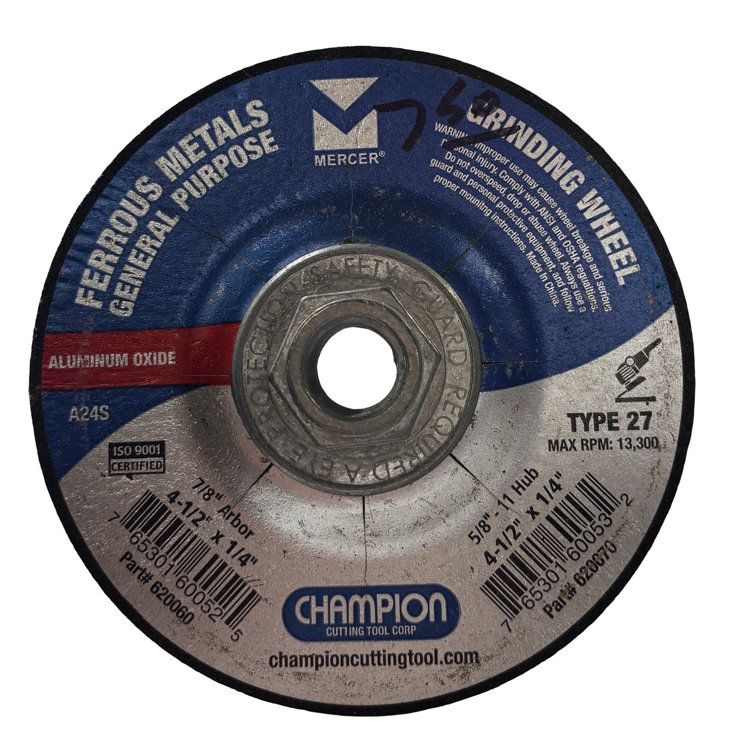 Champion Grinding Wheel 4-1/2in x 1/4in Type 27 – Aluminum Oxide Metal Grinding Disc – 13,300 RPM