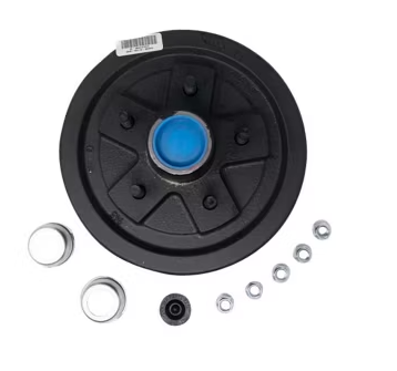 5 on 5in Bolt Pattern, 1/2in Studs, 3.5K Capacity Per Pair, Complete Pre-Greased Hub-Drum Assembly, Retail Boxed, #84 Spindle, Grease or Zerk-Lube