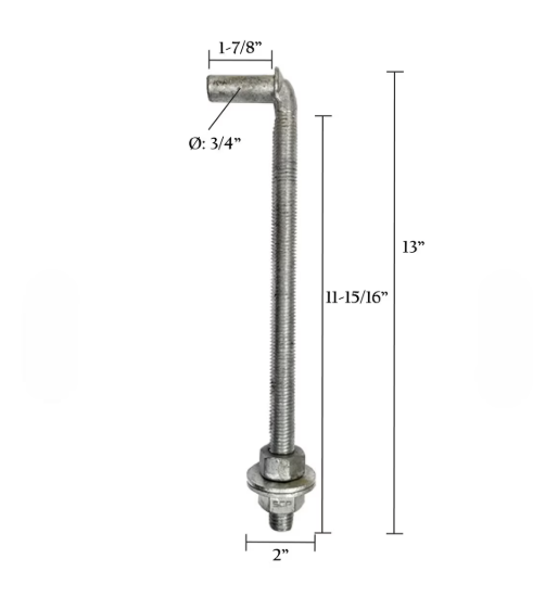 J-Bolt with Washers & Nuts 3/4in x 12in Hot Dip Galvanized (HDG)