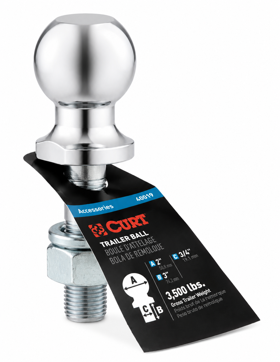 2in Trailer Hitch Ball, 3/4in x 3in Shank, 3,500lb Capacity, Chrome Plated Steel