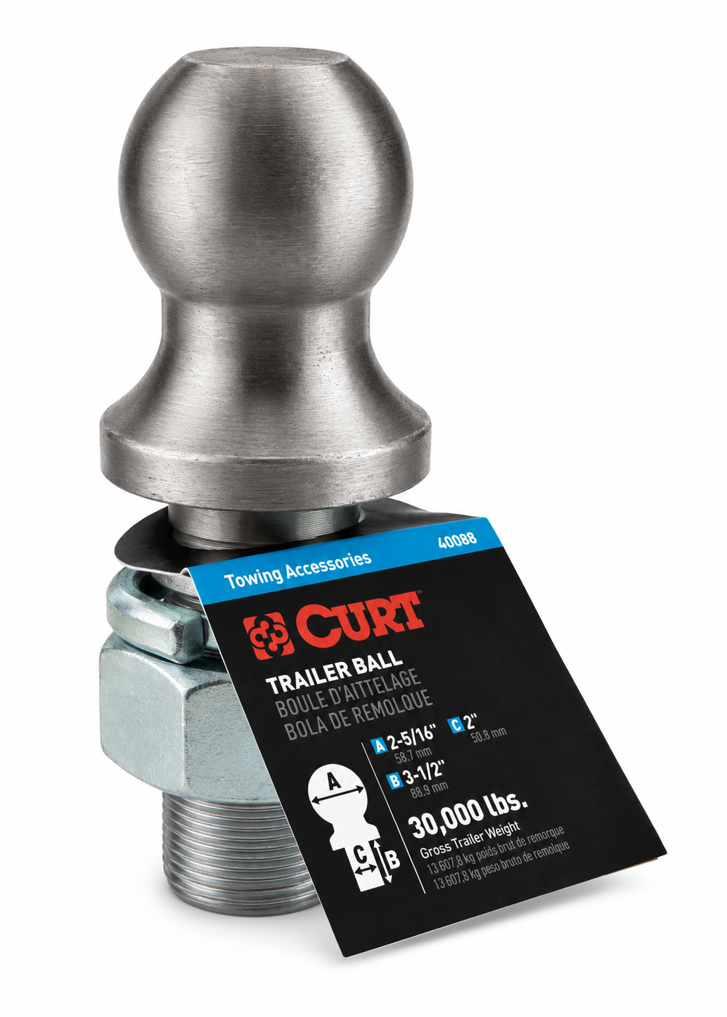 2-5/16in Trailer Hitch Ball, 2in x 3-1/2in Shank, 30,000lb Capacity, Heat-Treated Raw Steel