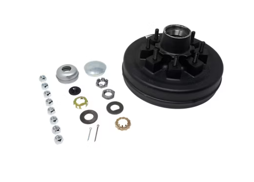 8 on 6.5in Bolt Pattern, 1/2in Studs, 5.2K-7K Capacity Per Pair 1/2in Studs Complete Pre-Greased Hub-Drum Assembly, Retail Boxed, #42 Spindle, Grease or Zerk-Lube, 2.250in Seal