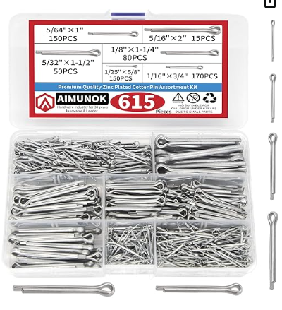 615-Piece Hairpin Cotter Pin Assortment Kit – 6 Sizes – Heavy-Duty Zinc-Plated Hitch Pin Clips