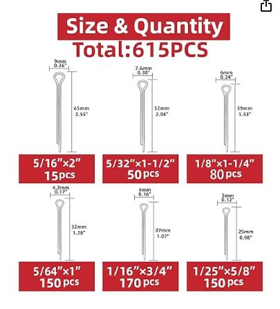 615-Piece Hairpin Cotter Pin Assortment Kit 6 Sizes Heavy Duty Zinc Plated Split Pin Clips Hitch Pin Clip Tractor ,Trucks, Engine Repair in Towing Hitch Clips