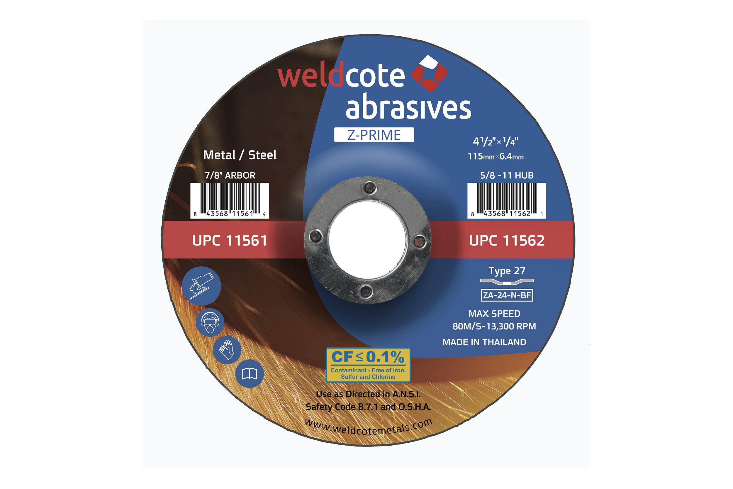 Weldcote 4-1/2in x 1/4in x 7/8in T27 Z-PRIME Grinding Wheel