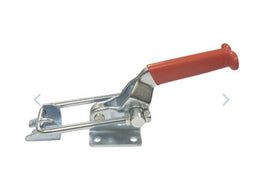 Toggle clamp product page with red handle on a white background